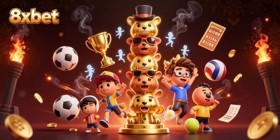Experience thrilling gaming with 8xbet's vibrant 3D casino illustration, showcasing dynamic sports betting elements.