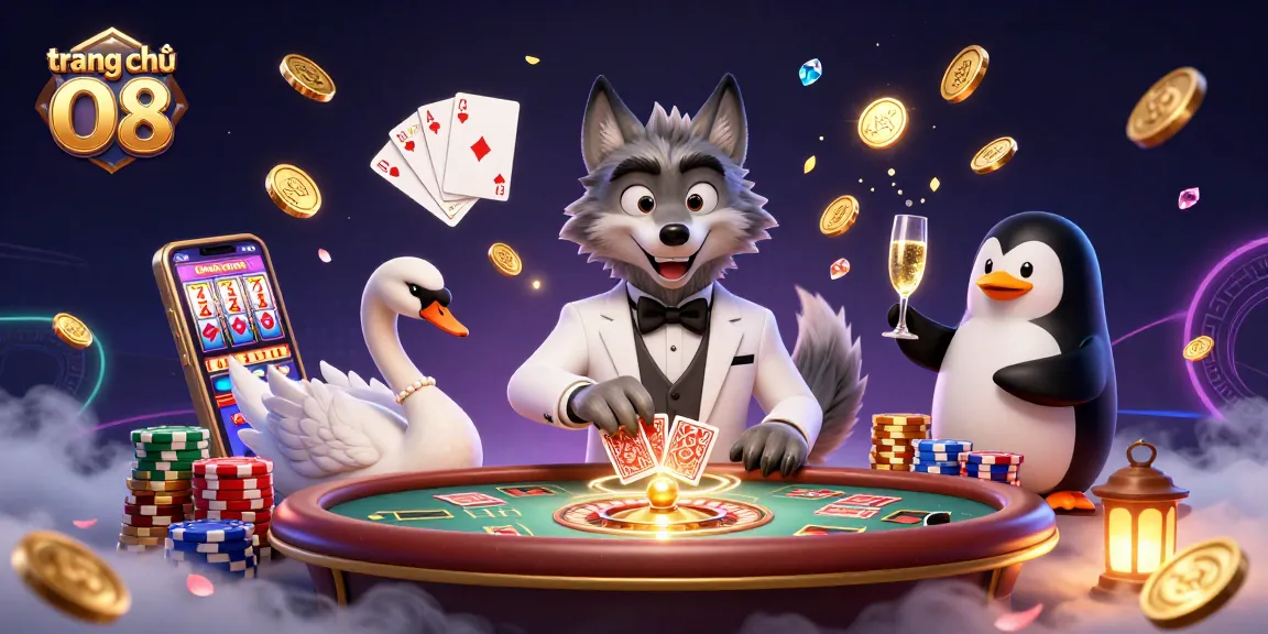 Engage with thrilling games at trang chủ O8, where a wolf, swan, and penguin celebrate victories.