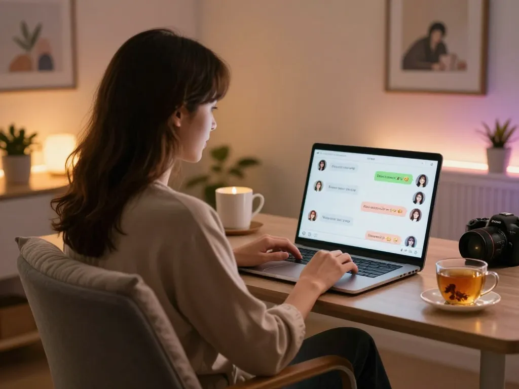 Engaging in a free ai sex chat, user connects with playful AI avatars in a cozy home office.