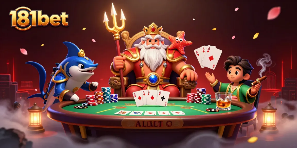 Engage with 181bet in a vibrant casino atmosphere featuring poker elements, dynamic cartoon characters, and rich visuals.