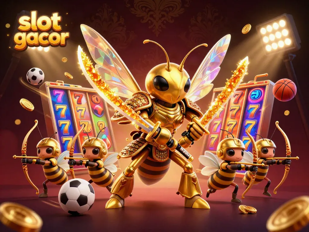 Engage in thrilling slot gacor gameplay with visually stunning golden hornet warriors and vibrant slot machine elements.