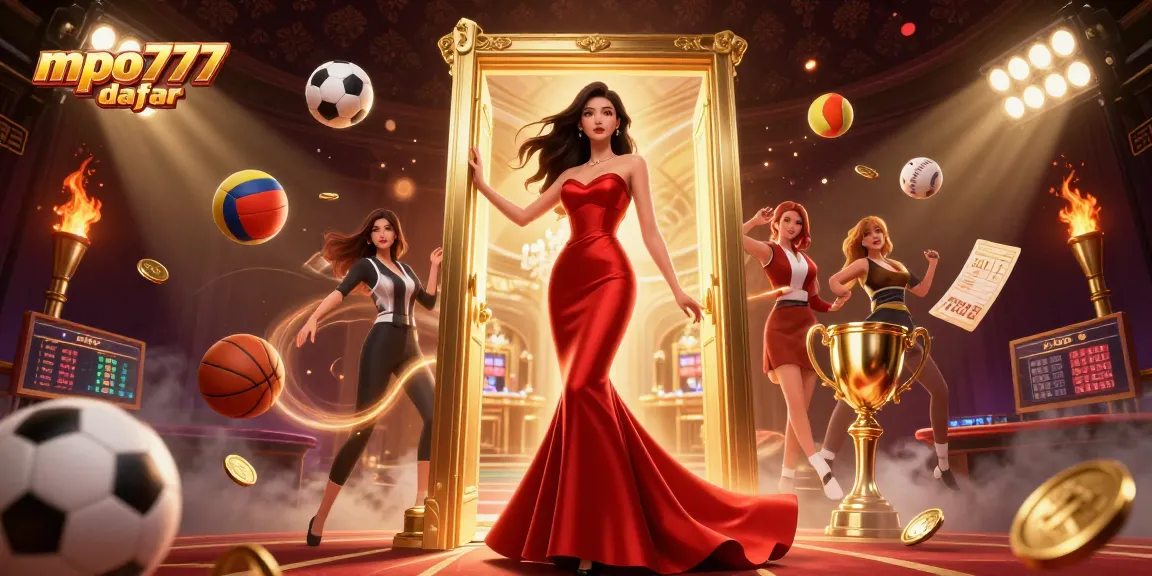 Bet on exciting sports at mpo777 daftar with a dynamic casino scene highlighting betting slips and trophies.