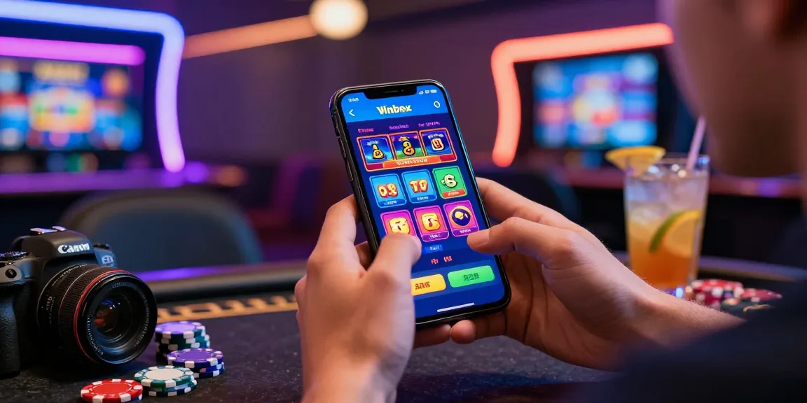 Excited gamer using Winbox MY app in a vibrant casino atmosphere.
