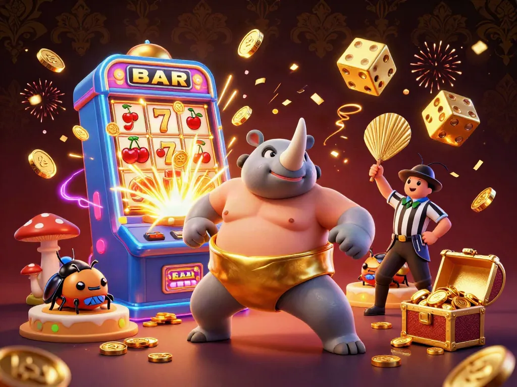IWIN's exciting jackpot scene featuring a rhinoceros beetle sumo champion and dynamic casino elements.