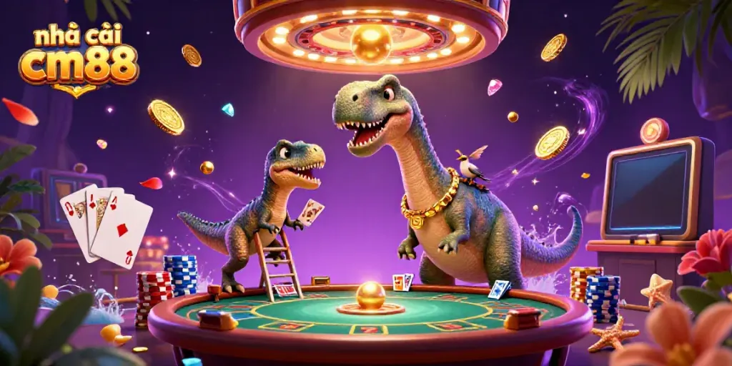 Experience the thrill of nhà cái cm88 with a vibrant casino scene featuring whimsical characters and dazzling game elements.