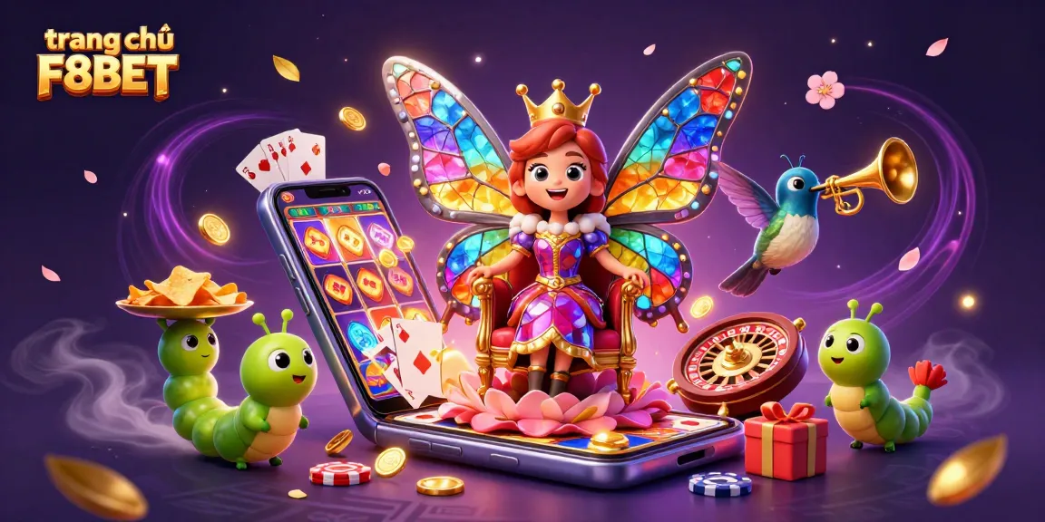 Experience excitement at trang chủ F8BET with a vibrant 3D casino scene featuring a butterfly queen and dynamic gaming elements.