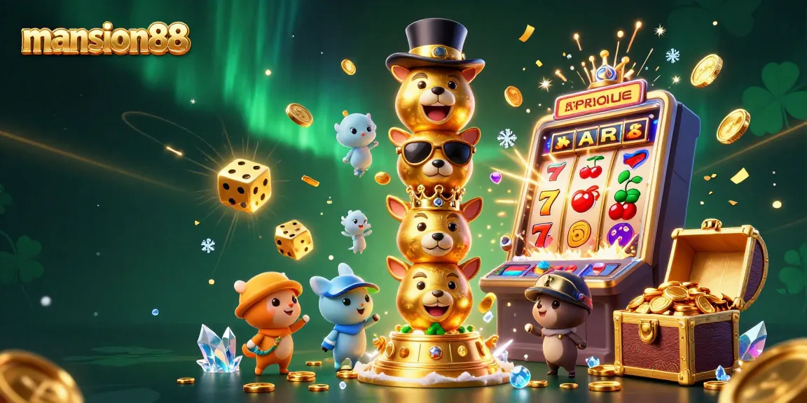 Engage with exciting games at mansion88, featuring a vibrant 3D festive casino scene with jackpots and slot machines.