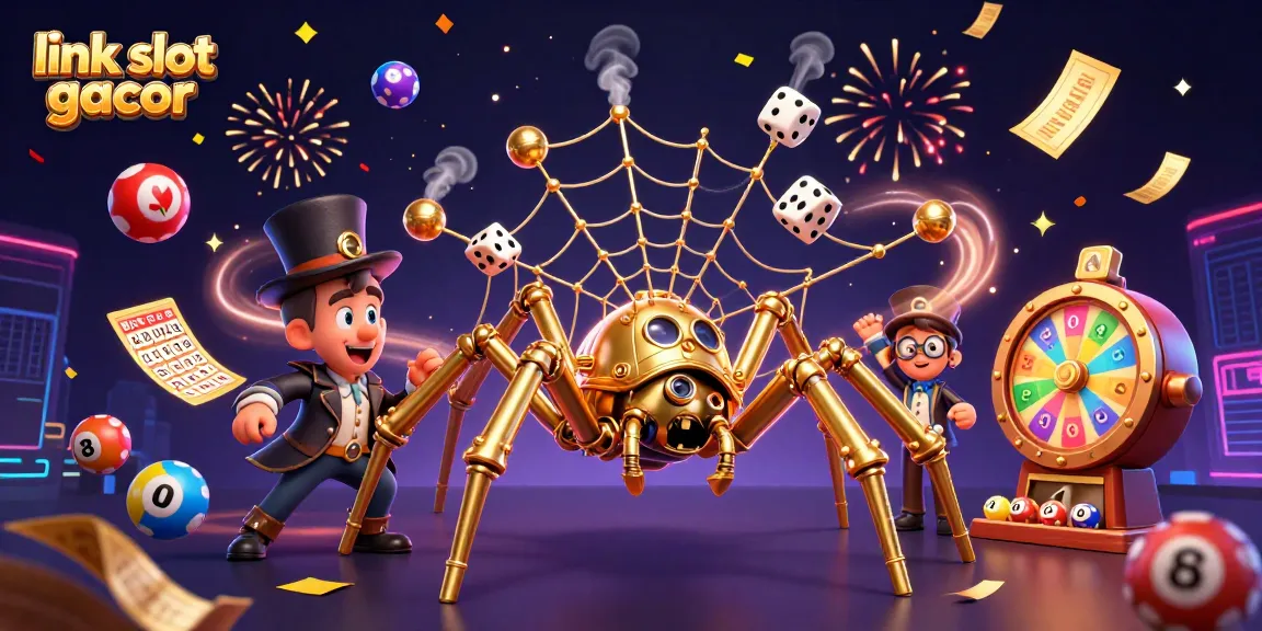 Explore link slot gacor with an energetic steampunk spider and Victorian fly gentleman amid a vibrant casino scene.