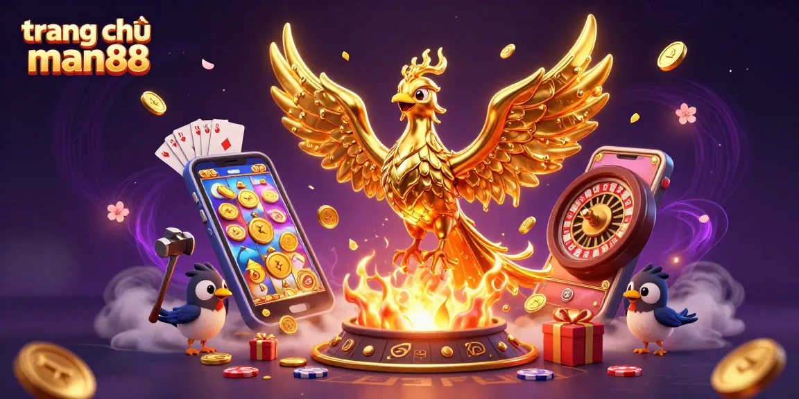 Win big with trang chủ man88 featuring a molten golden phoenix and vibrant casino elements.