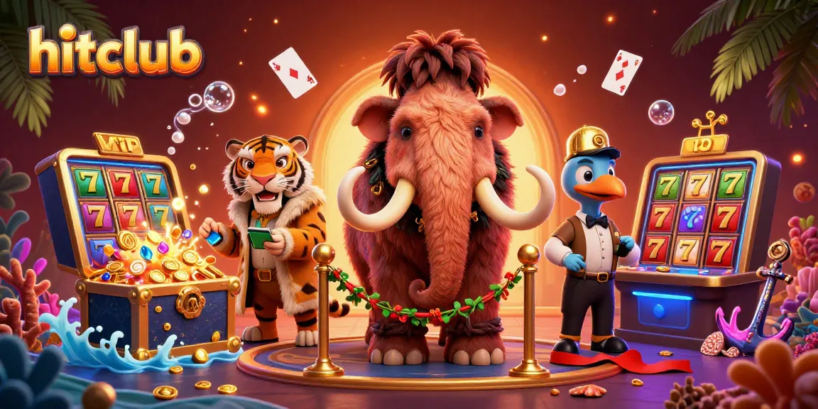 hitclub casino scene featuring a woolly mammoth bouncer, treasure chest, and vibrant slot game elements