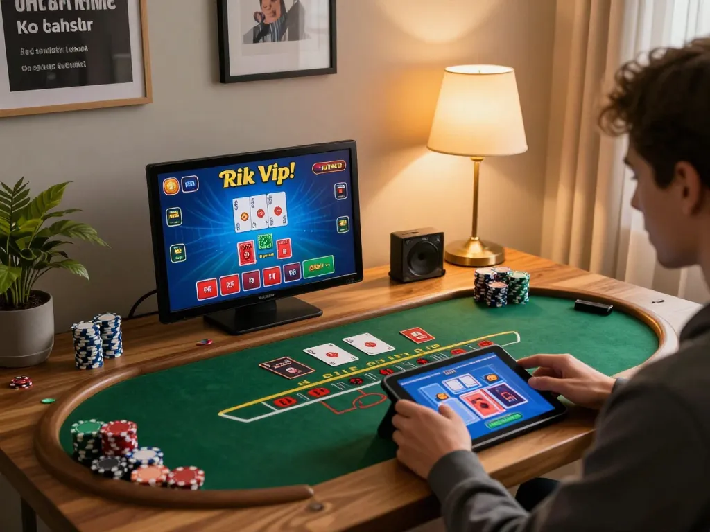 Engaging in rik vip online gaming with a live dealer on a tablet, creating a cozy atmosphere.