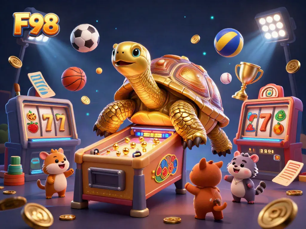 Engage with F98's lively casino scene featuring a golden tortoise pinball machine surrounded by vibrant gaming elements.
