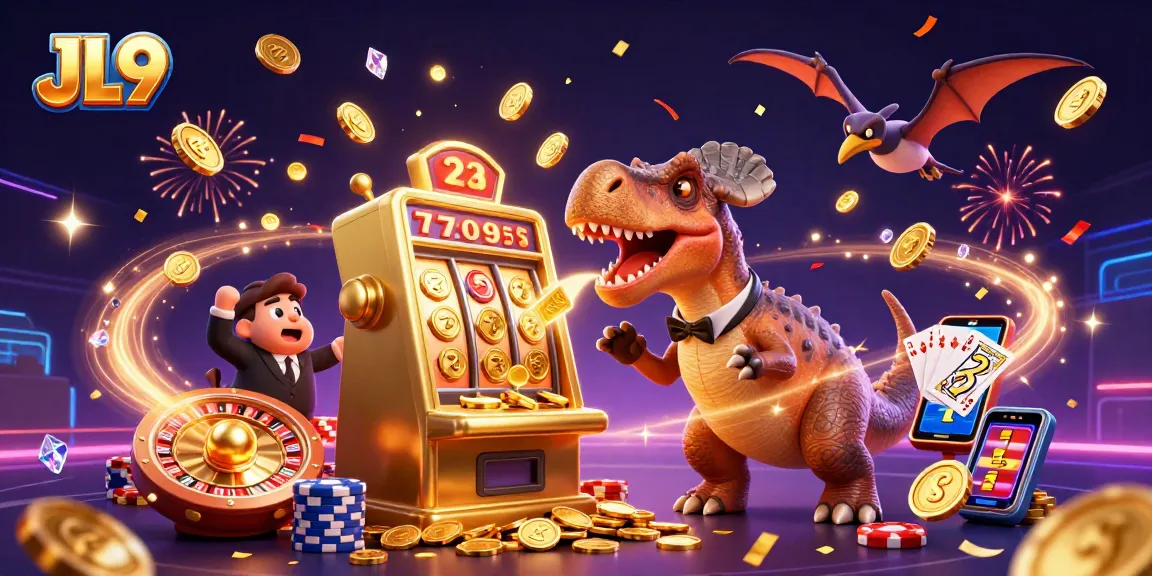JL9 highlights excitement as a pachycephalosaurus celebrates a jackpot, surrounded by casino elements.