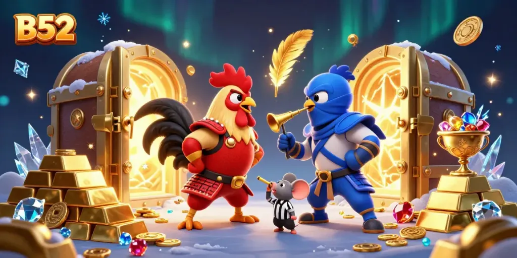 Engage in thrilling B52 gaming with dual rooster fighters in an energetic casino showdown.