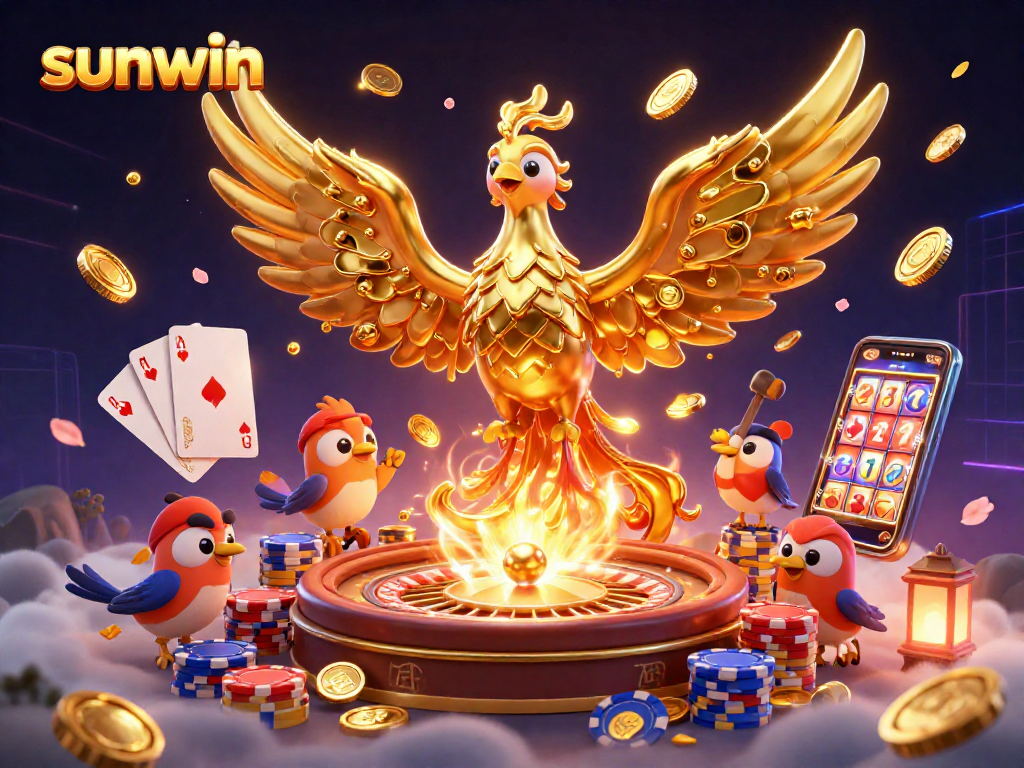Engage in thrilling casino action with sunwin's phoenix and sparrows amidst coins and game elements.
