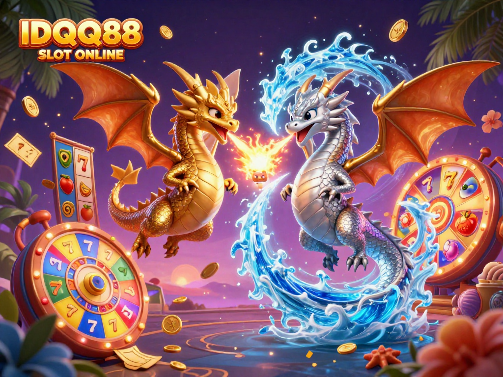 Experience the excitement of IDQQ88 SLOT ONLINE with dragons and dynamic slot elements in a vibrant 3D scene.