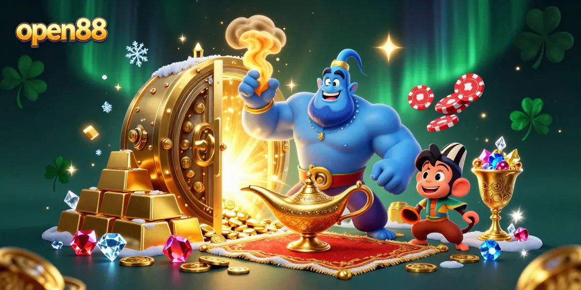 Experience thrilling wins at open88 with a magical genie, poker chips, and golden treasures.
