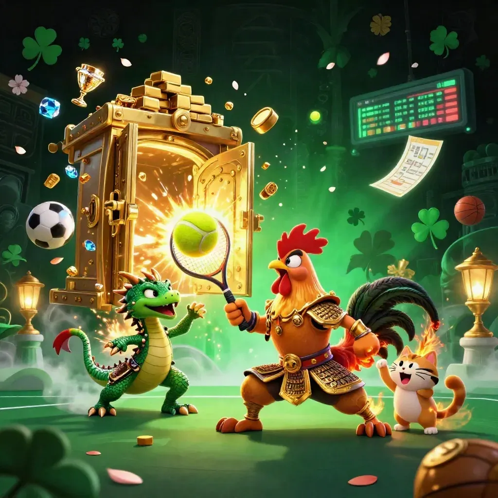 Rooster samurai, spark-breathing dragon hatchling and lucky cat amid casino gold and sports gear.