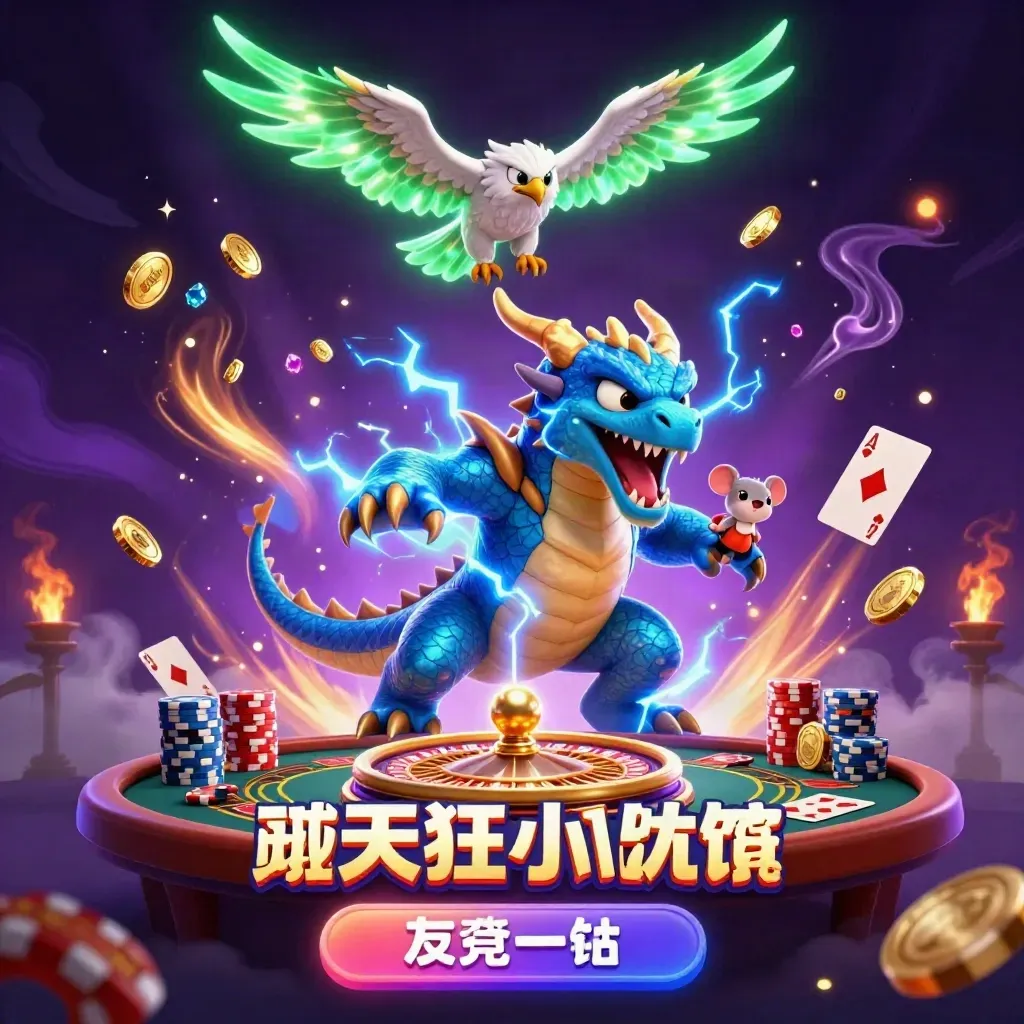 Thunder dragon, wind hawk, and crackling mouse amid gold coins, roulette wheel, and casino chips.
