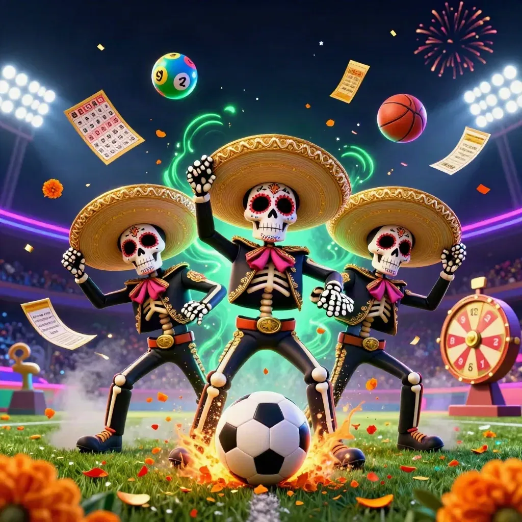 Skeleton mariachi trio surrounds a frozen soccer ball with turf spray and casino effects, ground-level.