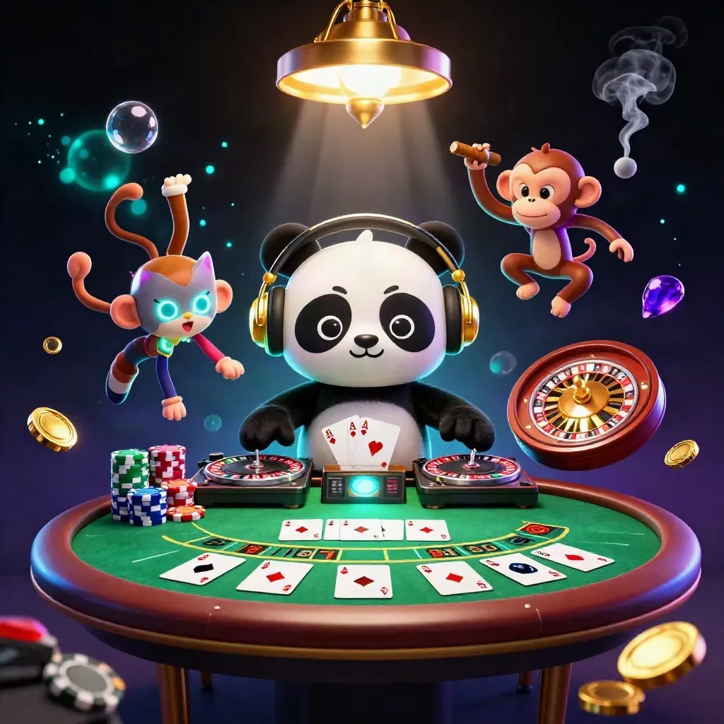 Cartoon panda, monkey and kitten amid casino tables, chips, roulette and blue-purple glow.
