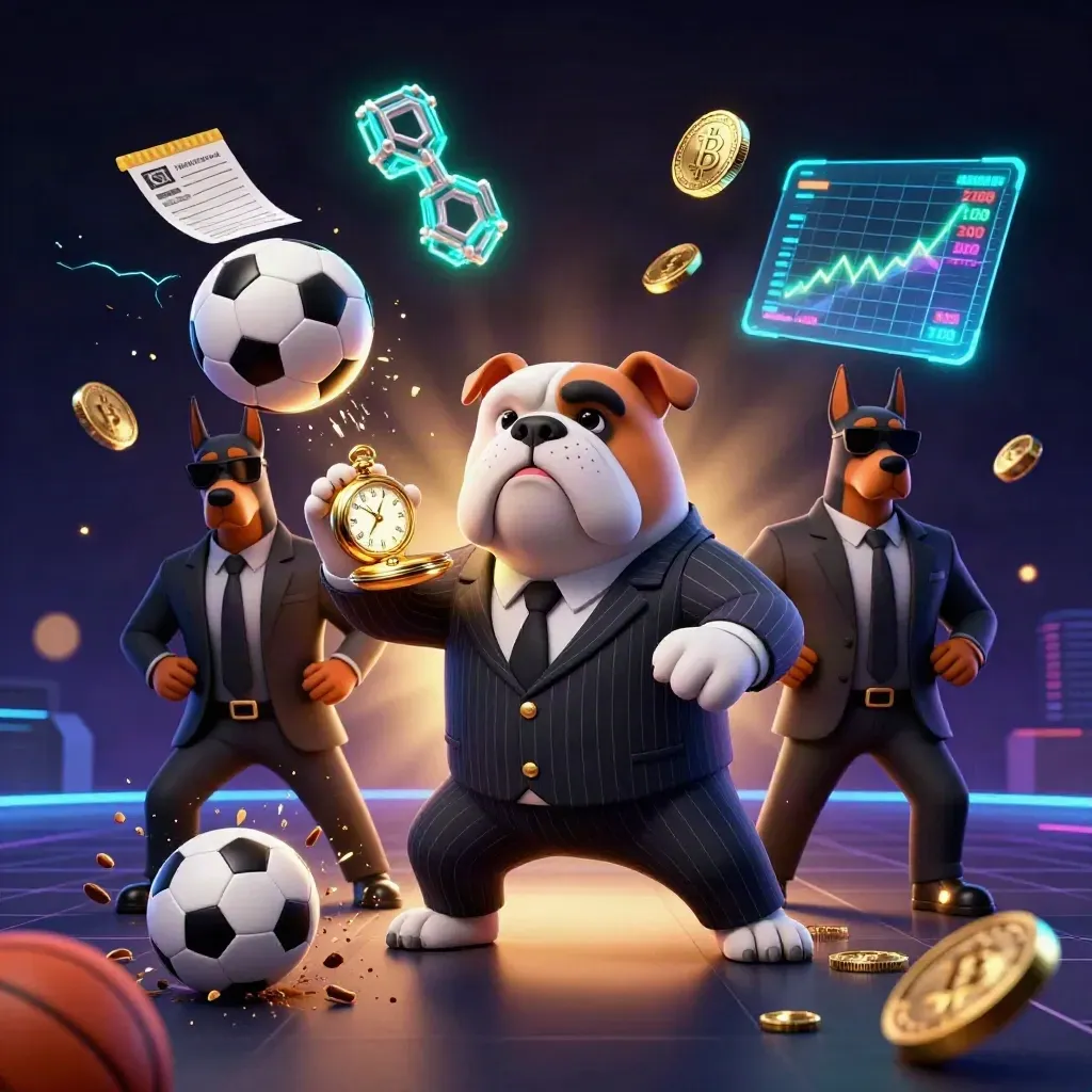 Bulldog boss and two Dobermans amid flying coins, balls, and neon casino effects.