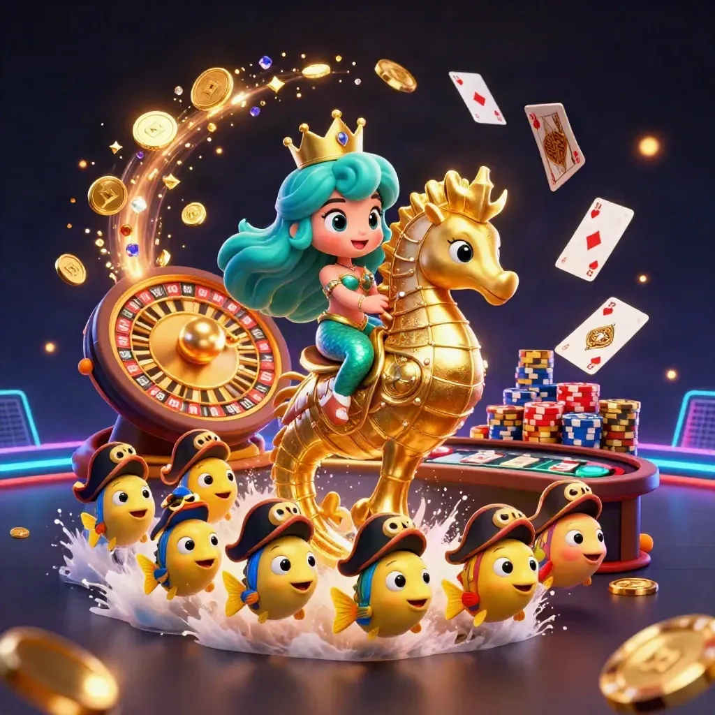 Mermaid princess on golden seahorse with pirate fish, casino coins, cards, chips, and neon glow.