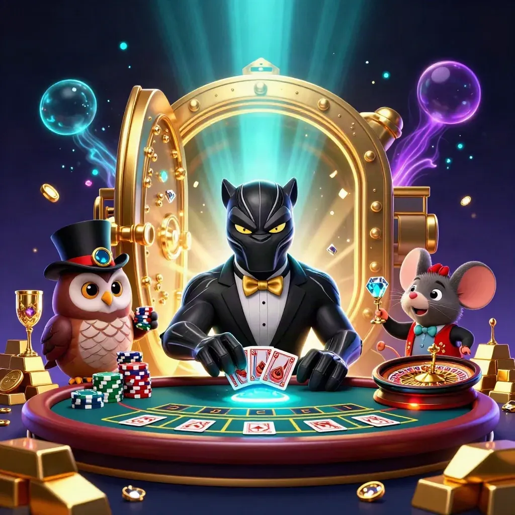 Panther, owl, and mouse in a glowing casino scene with vault, gems, and luxe light.