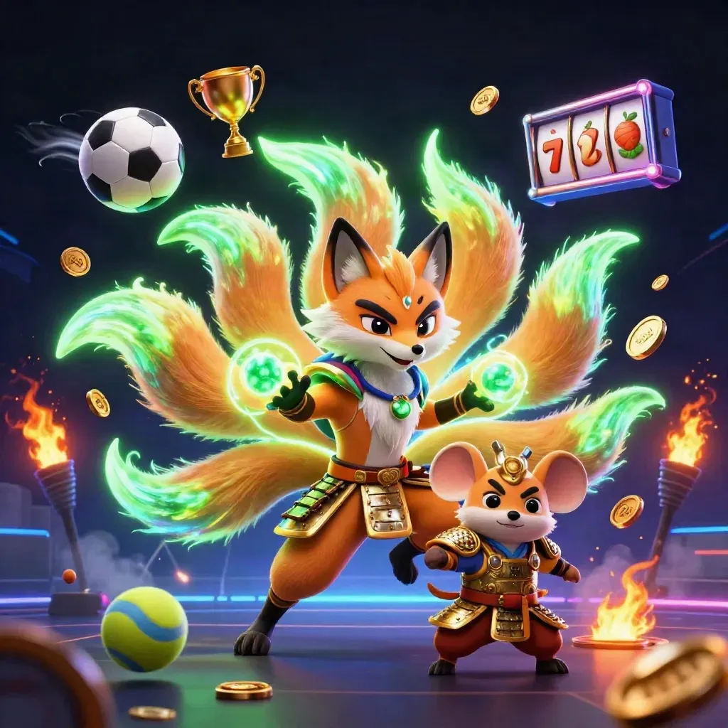 Fox spirit and samurai mouse explode amid casino-sports loot in neon green and gold.