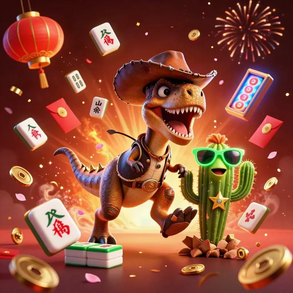 Cowboy T-Rex, cactus sidekick, and roadrunner amid casino treasures, lanterns, coins, and fireworks.