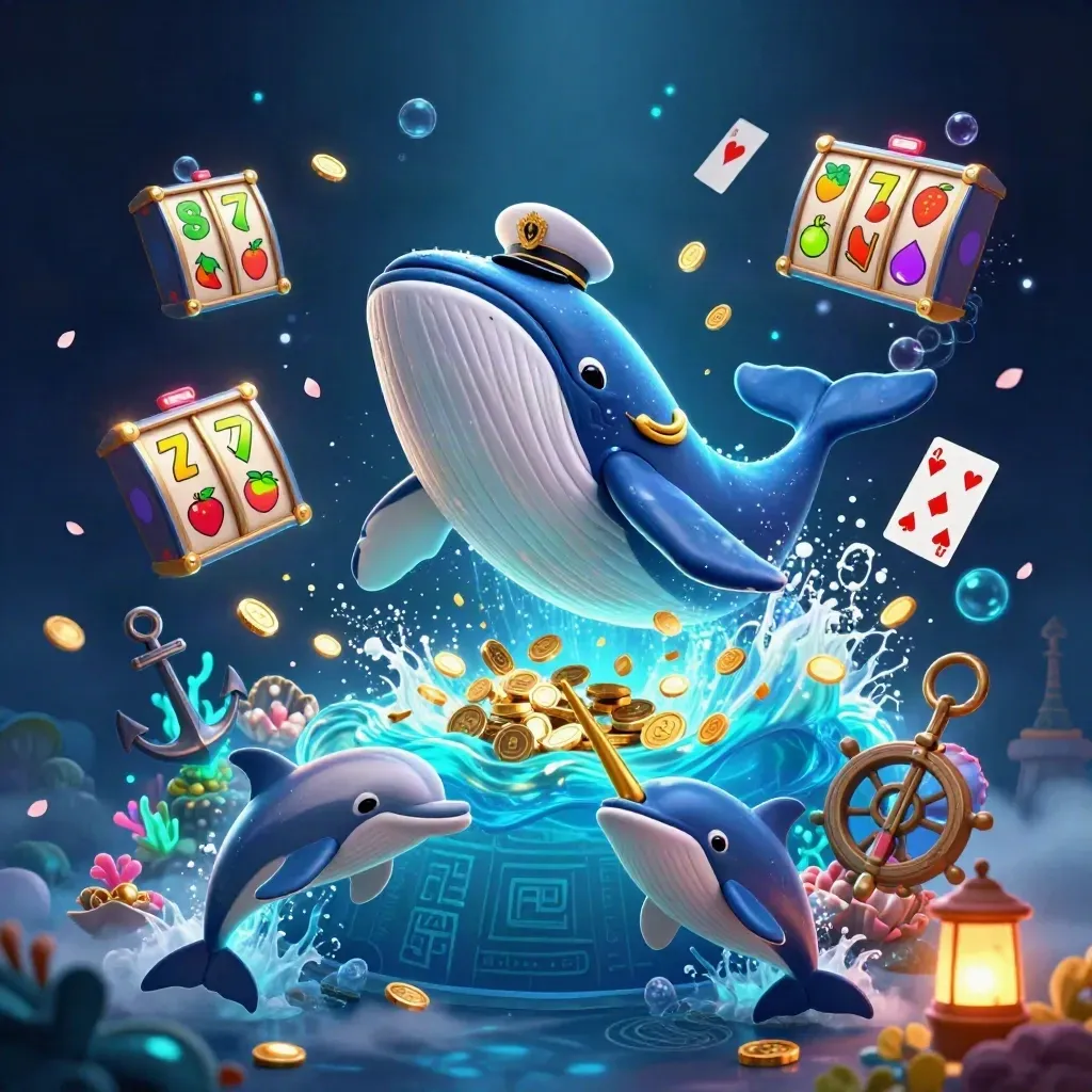 Captain whale, narwhal, and dolphins burst through coins in a glowing underwater treasure cove.
