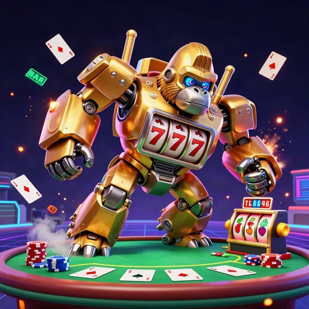 Golden gorilla slot mech with monkey pilot, poker chips, aces, and neon casino effects.