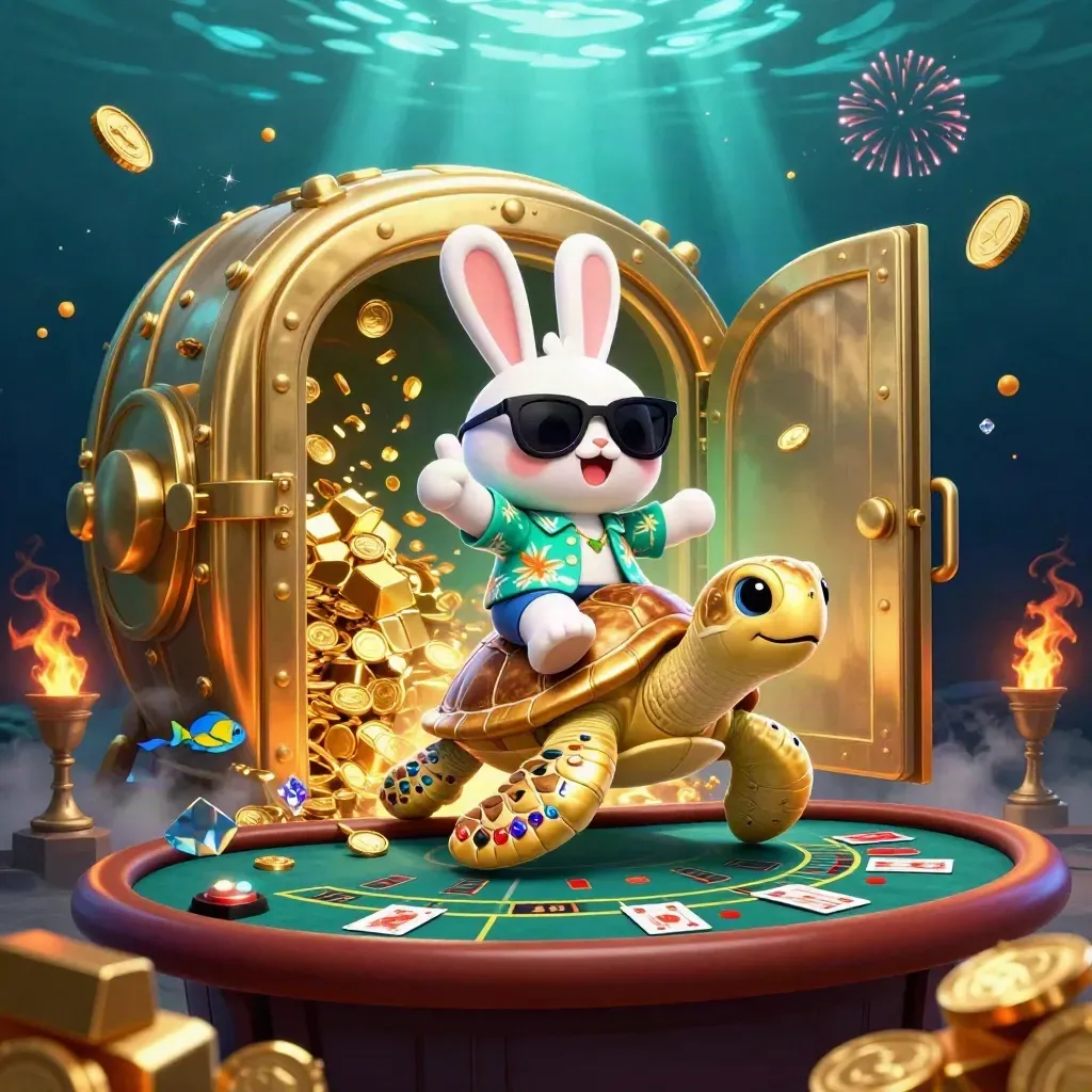 Lucky rabbit rides a gold turtle as coins, gems and vault treasure burst underwater.