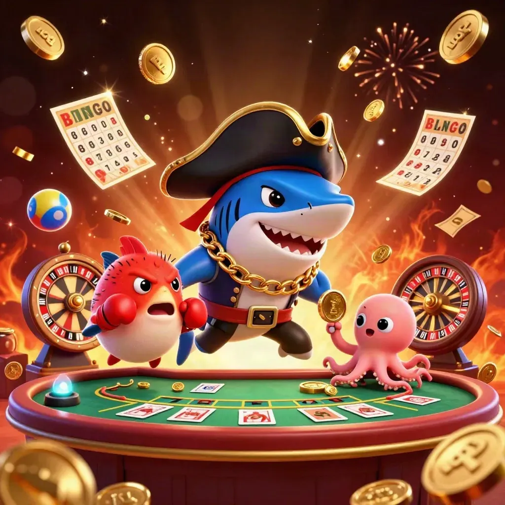 Pirate shark, boxing pufferfish, and juggling octopus amid casino treasures and fireworks.