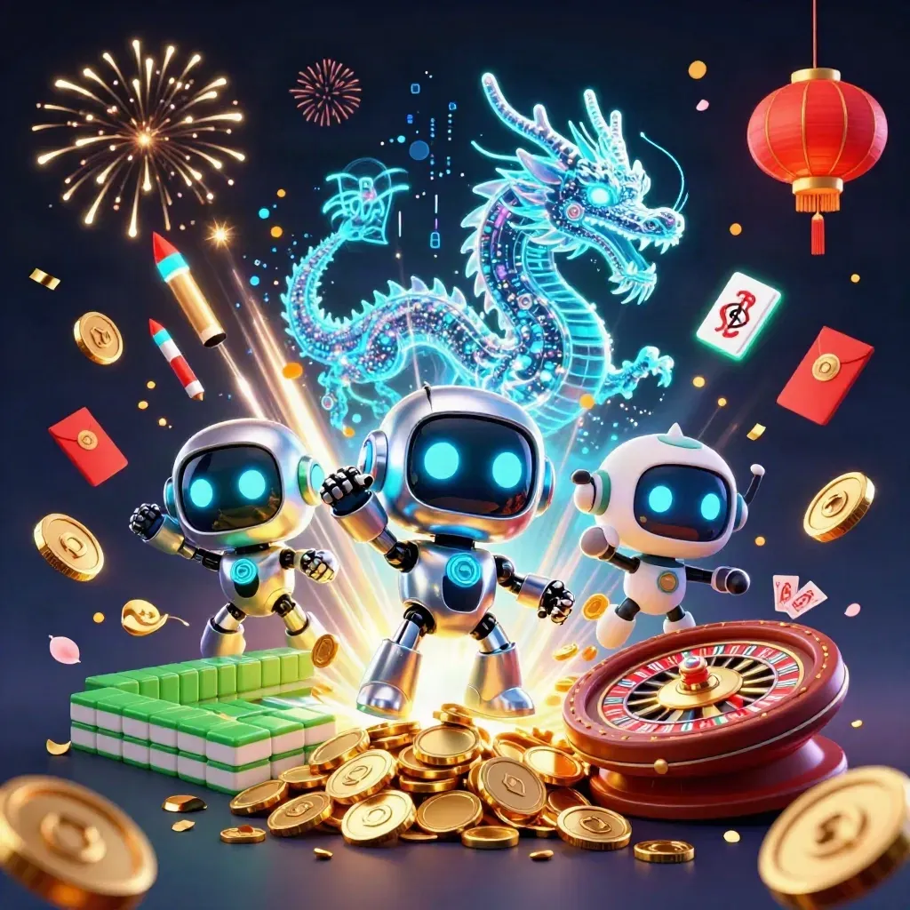 Cyberpunk robot, holographic dragon, and coin drone amid casino treasure burst and fireworks.