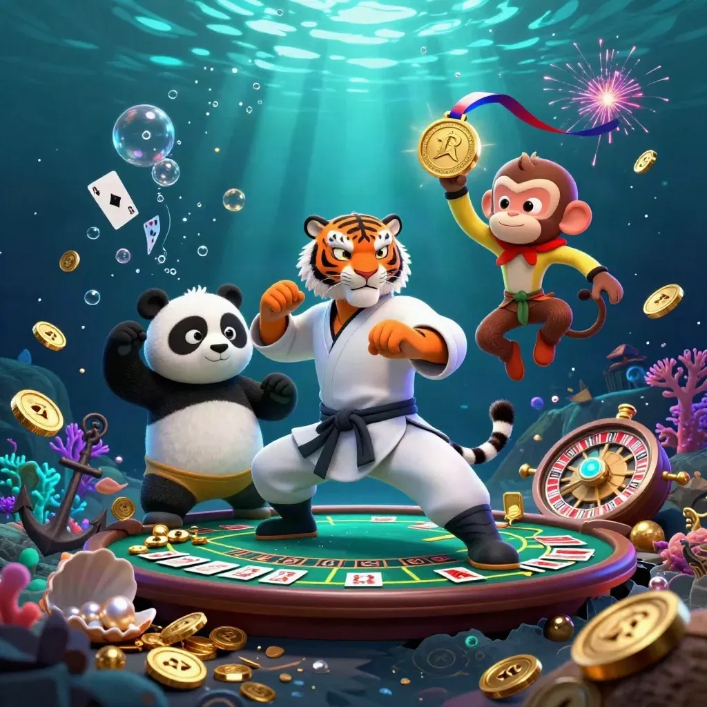 Kung-fu tiger, panda, and monkey erupt from an underwater vault with coins, coral, and casino wheels.