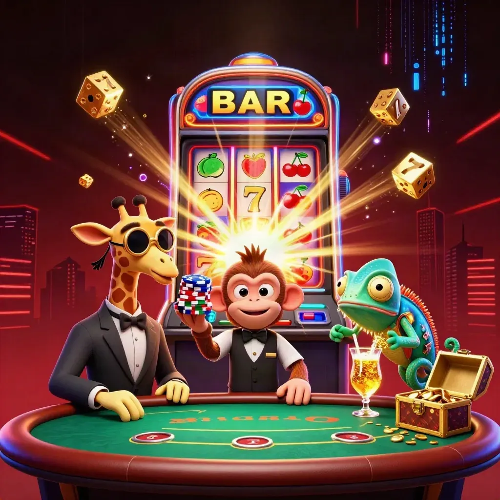 Giraffe high roller, monkey valet, and chameleon bartender around a bursting slot machine