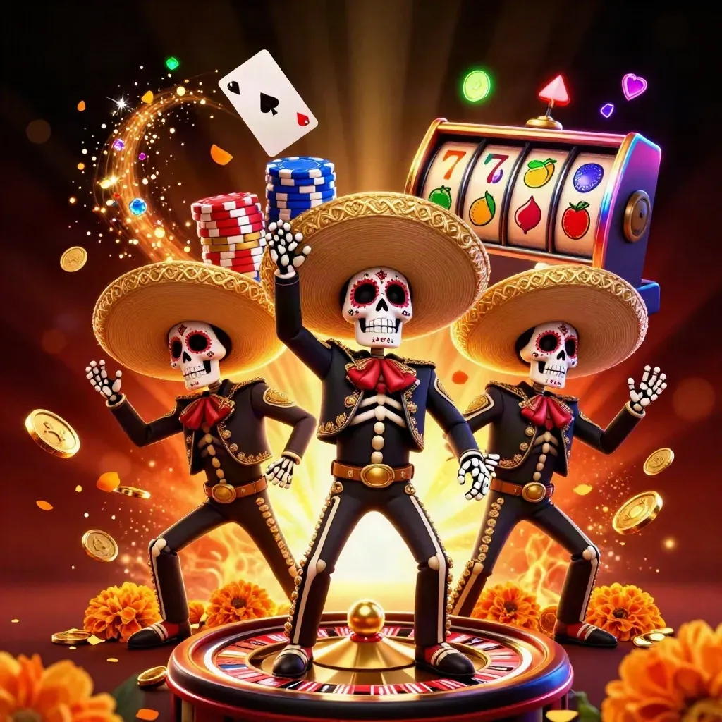 Three festive skeleton mariachi heroes with coins, chips, cards and roulette in neon casino lighting