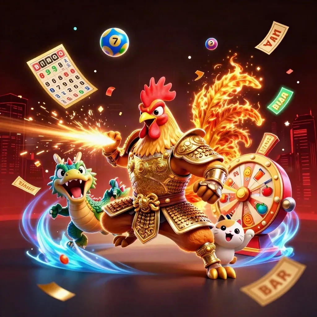 Rooster warrior, spark-breathing hatchling and cheering fortune cat amid casino symbols