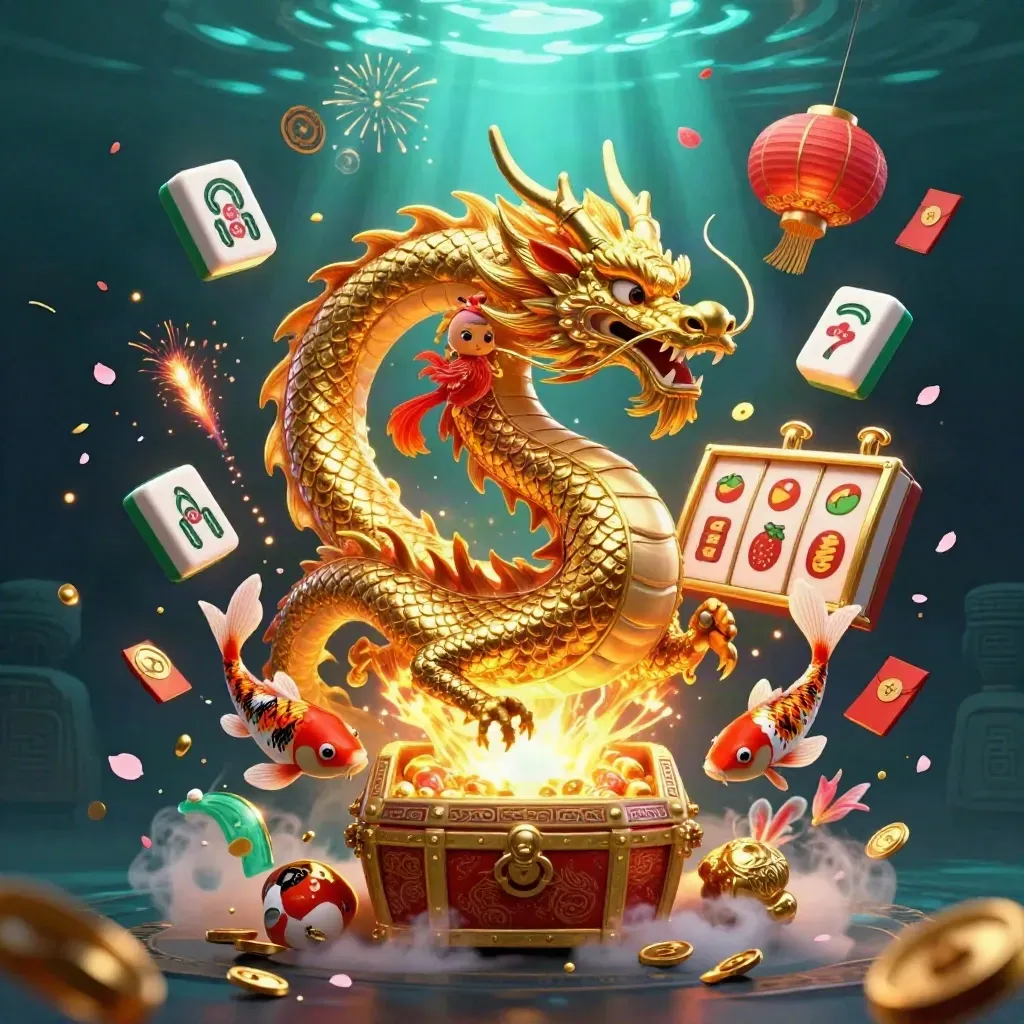 Golden dragon, phoenix, and koi amid casino treasures, glowing in a dark neon blue scene.