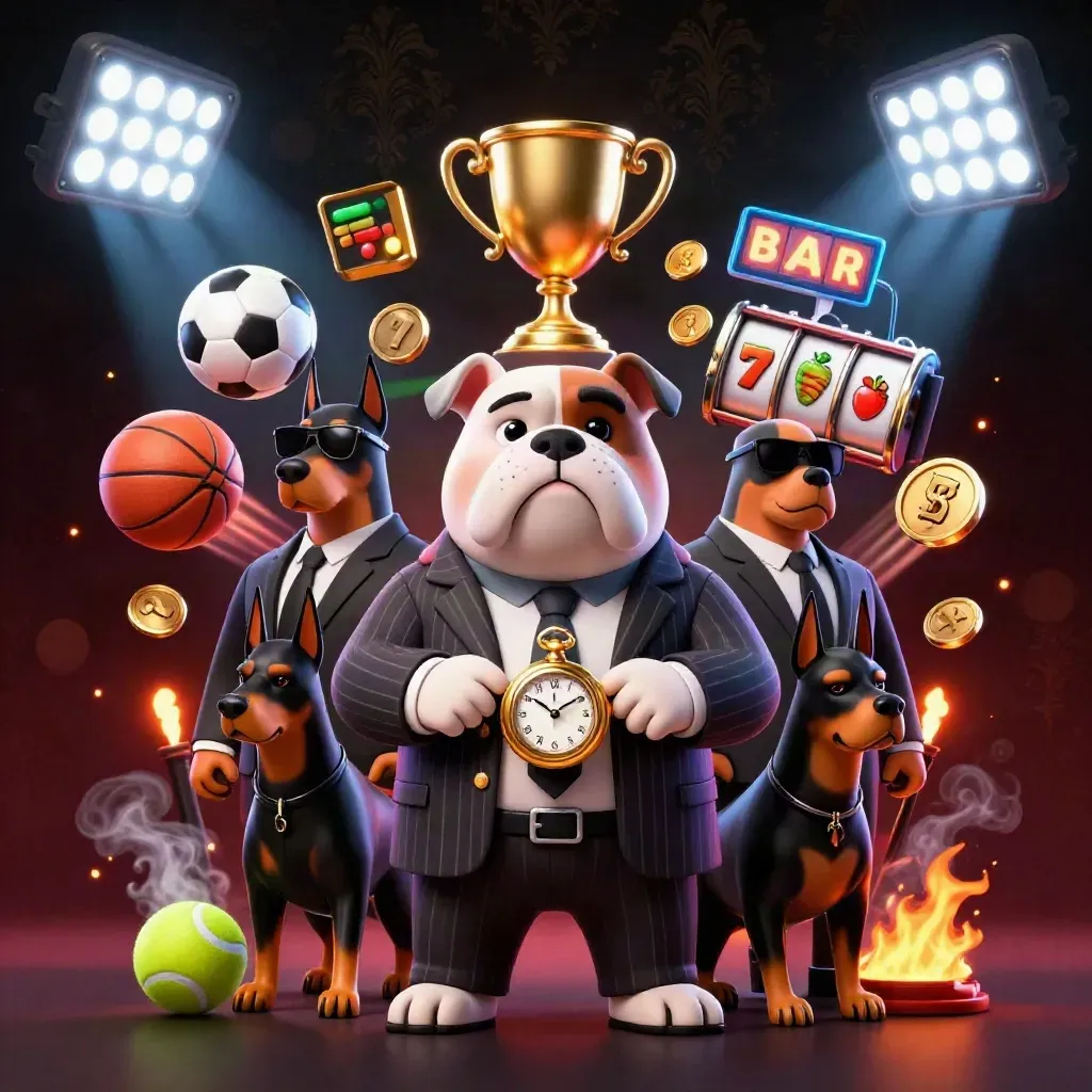 Bulldog mafia boss with two Dobermans amid slot reels, balls, coins, trophy, and neon casino lights.