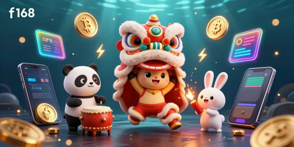 Experience the excitement of f168 with a dynamic casino-themed celebration featuring vibrant characters and crypto elements.