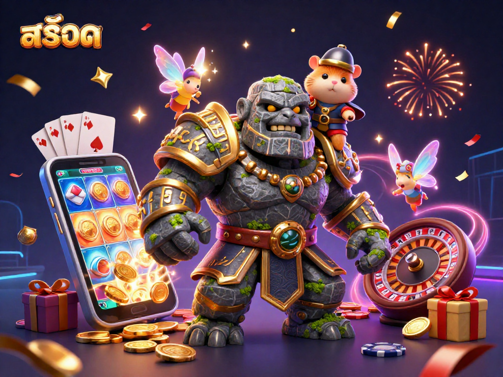 Spin and win with สล็อต-themed 3D golem guardian and magical elements in a vibrant casino adventure.