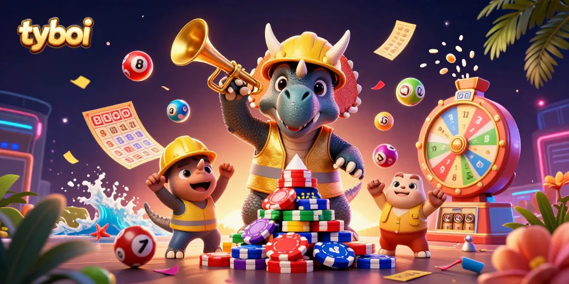Players engaging in a vibrant tyboi gaming atmosphere with colorful lottery elements and characters celebrating