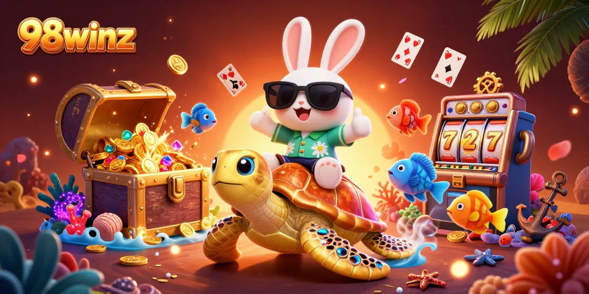 Join the fun at 98winz with a lucky rabbit and golden turtle in a vibrant casino scene.