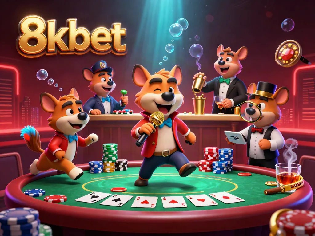 Experience the vibrant casino atmosphere at 8kbet with hyenas engaging in comedy, mixing drinks, and checking IDs.