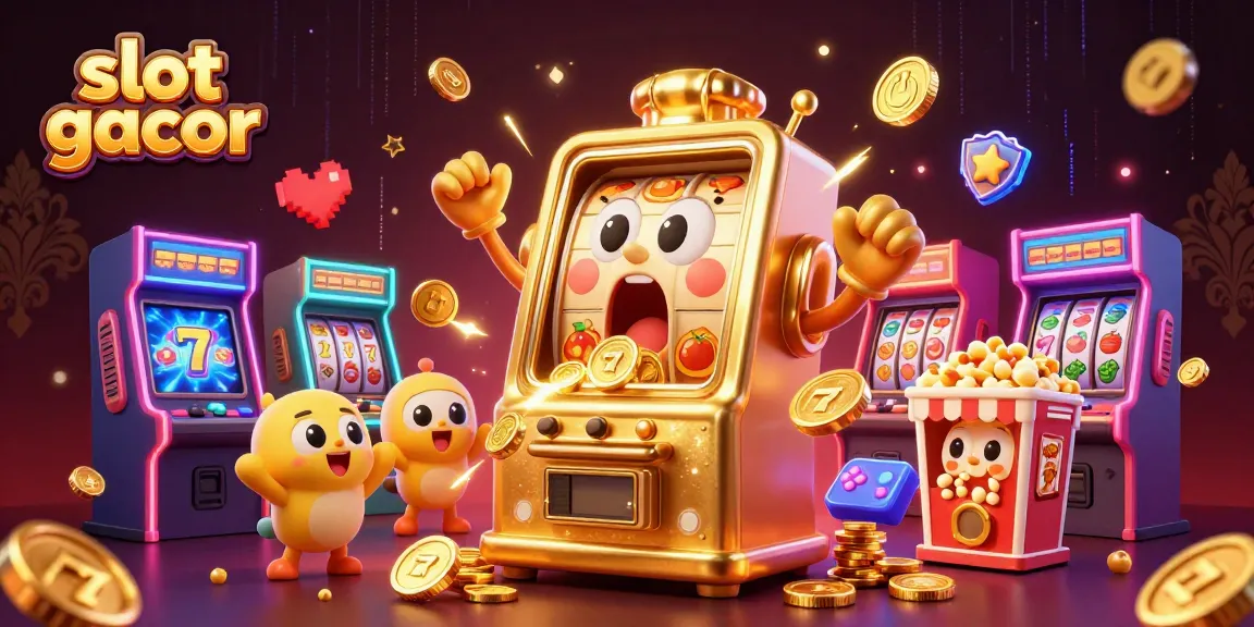 Experience the excitement with slot gacor as a golden slot machine hits the jackpot, surrounded by cheering companions.