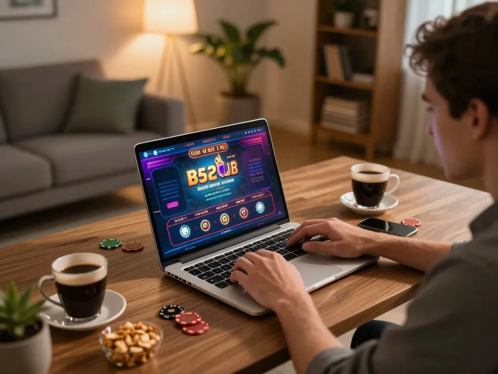 b52club player enjoying a thrilling online gambling session on laptop at home with cozy atmosphere