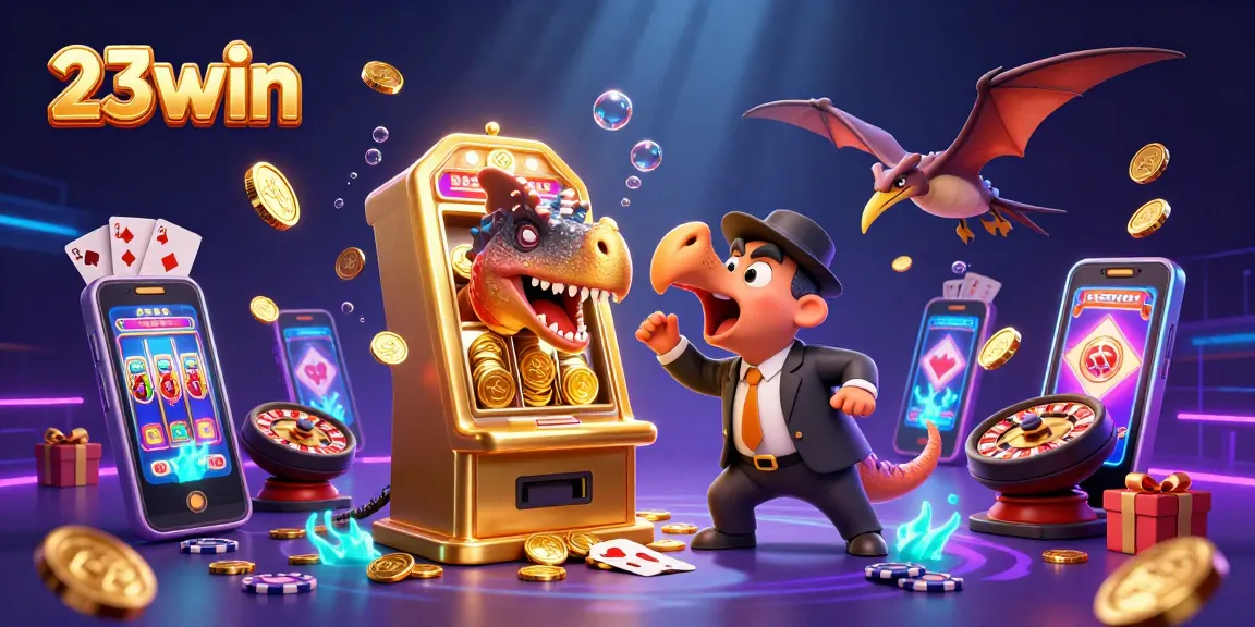 23win thrills as a pachycephalosaurus wins coins from a slot machine in an animated casino scene.