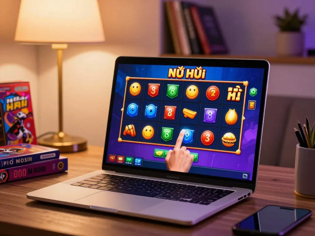 Engaging moment of playing nổ hũ online slot game with vibrant graphics at home.